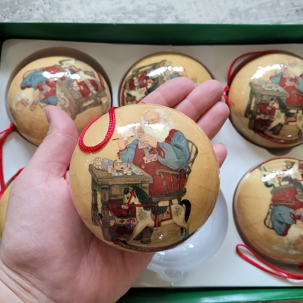 VTG Silk Tree Factory Santa's Workshop Decoupage Christmas Ornaments Set of 6 - Picture 4 of 7
